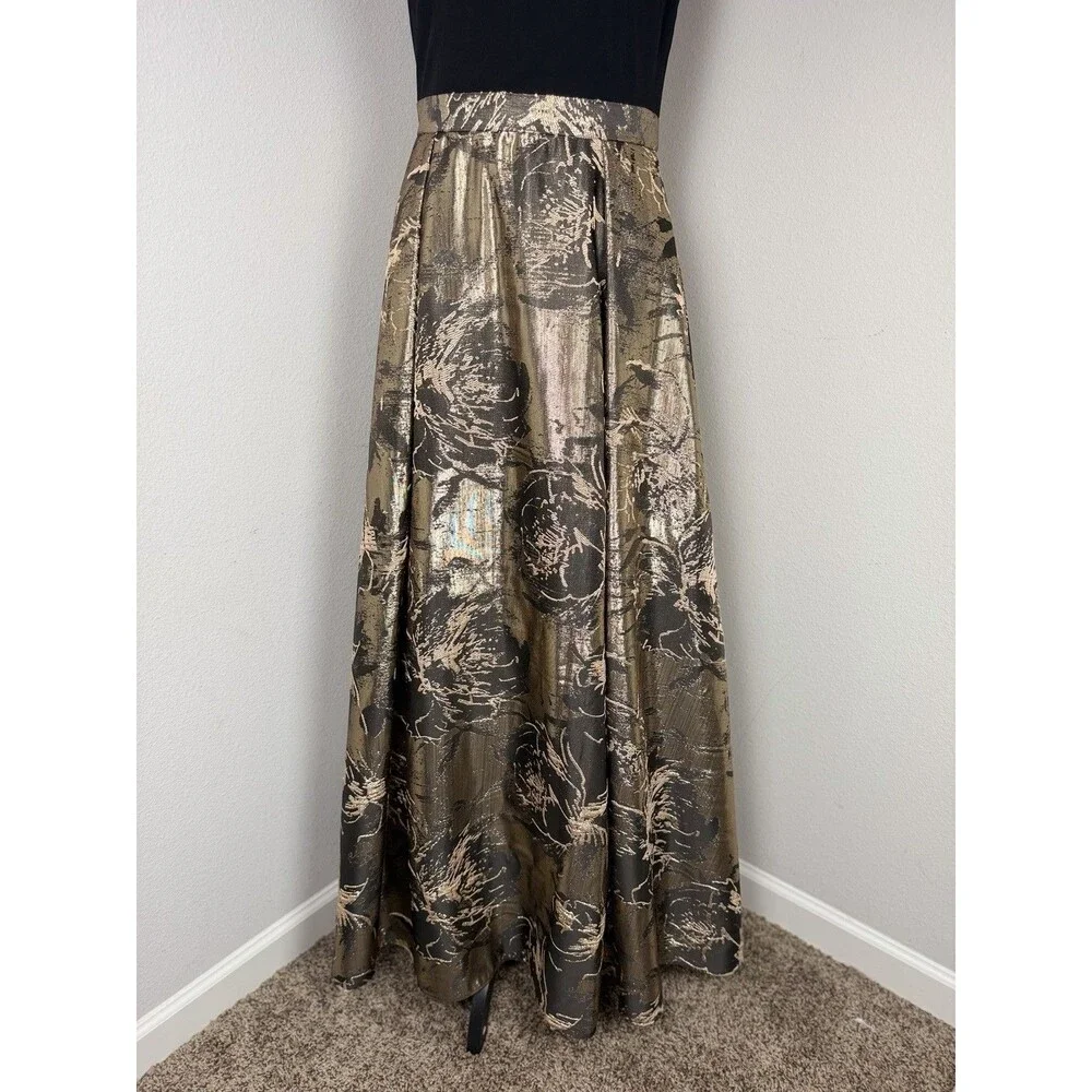 Aidan Mattox Adrianna Papell Dress Size 6 Black Gold Metallic Jacquard Gown - Picture 2 of 11